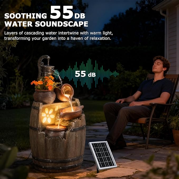 Solar Water Fountain Outdoor Rustic Pump and Barrel, 29" H Cascading Solar Powered Waterfall Fountains Outside Feature with LED Lights for Garden, Patio, Porch, Backyard Decor