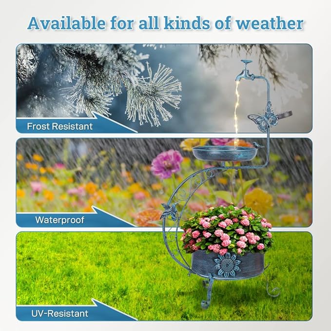 VEWOGARDEN Blue Bird Baths for Outdoors Metal Garden Bird Bath with Solar Lamp Vintage S Birdbaths with Flower Planter Pedestal Standing Bird Feeder(36" H * 19.6" W)