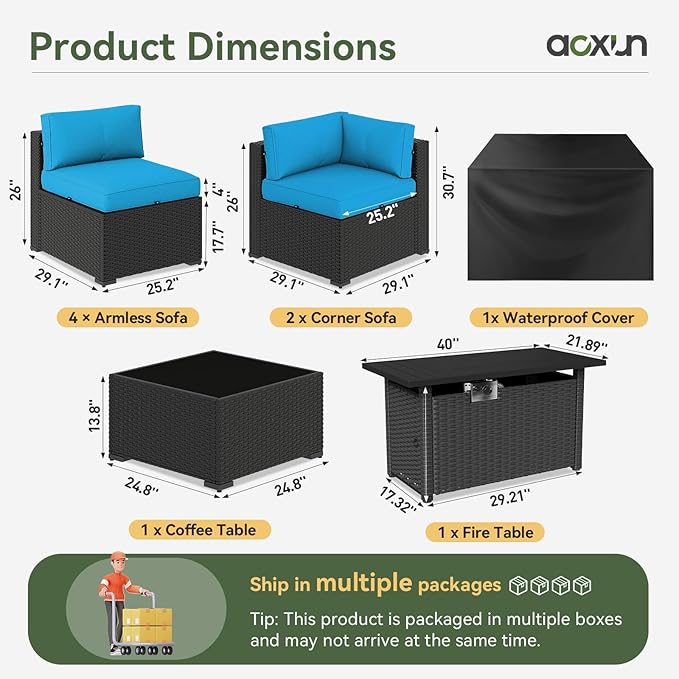 Aoxun 8 Piece Patio Furniture Set with 44” Fire Pit Table, Wicker Rattan Patio Sectional Sofa, Outdoor Furniture Set with Thickened Cushion, Light Gray