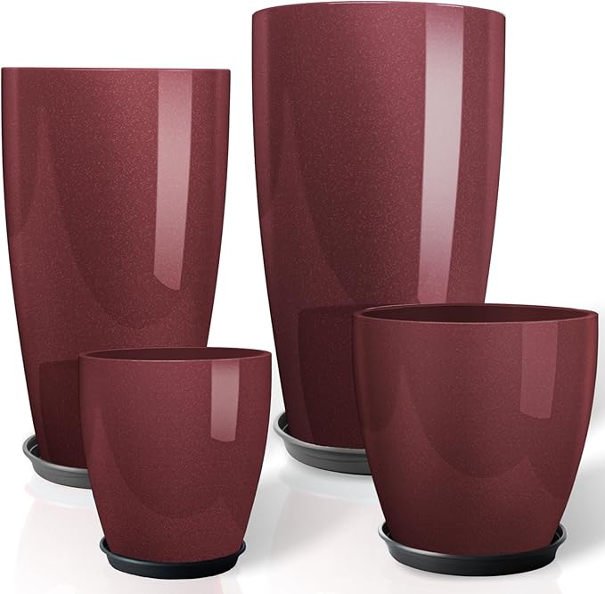 ZMTECH 24 21 12 10 Inch Tall Plant Pots for Indoor & Outdoor Use Set of 4, Large Plastic Planters with Drainage Hole and Saucer for Outside,Front Porch, Patio, Garden, Wine Red