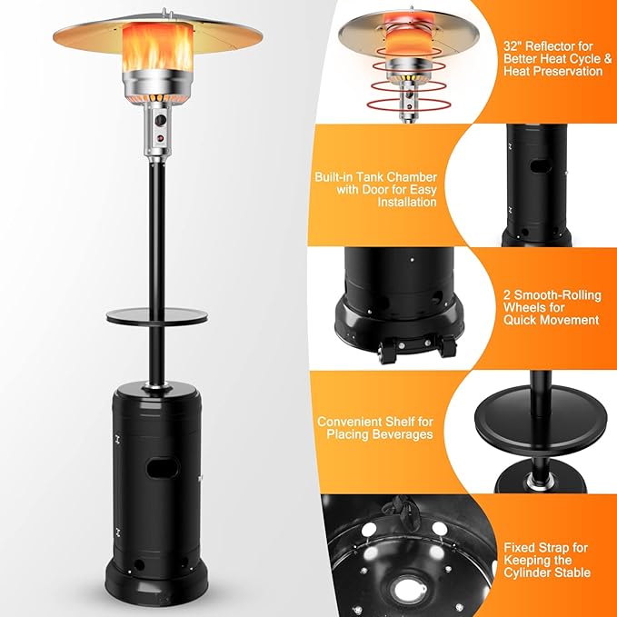 Giantex Outdoor Propane Heater, 50000 BTU Standing Gas Heater w/Shelf Tabletop & Wheels, Tip-Over Protection & Auto Shut Off, CSA Certified, Portable Patio Heater for Home & Commercial Use (Black)