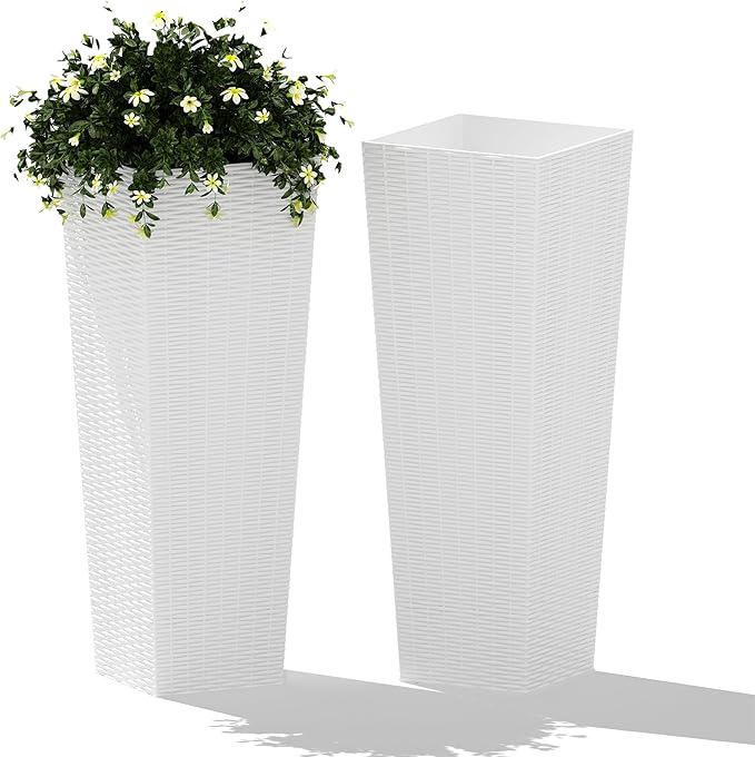 2 Pack Large Planters for Indoor Outdoor Plants, 24 inch Outdoor Planters for Porch with Drainage Holes, Plastic Planters for Outdoor Plants, Flower Pots for Large Plants, Trees, Patio, Garden, White