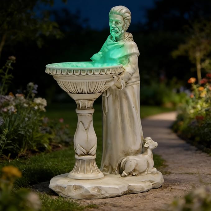 St Francis Garden Statue Outdoor Solar Garden Decor Resin Colorful Lights St Francis Statue with Bird Bath Feeder for Yard Patio Lawn Decoration Religious Gardening Gifts 4.5 * 6.5 * 10.5 in