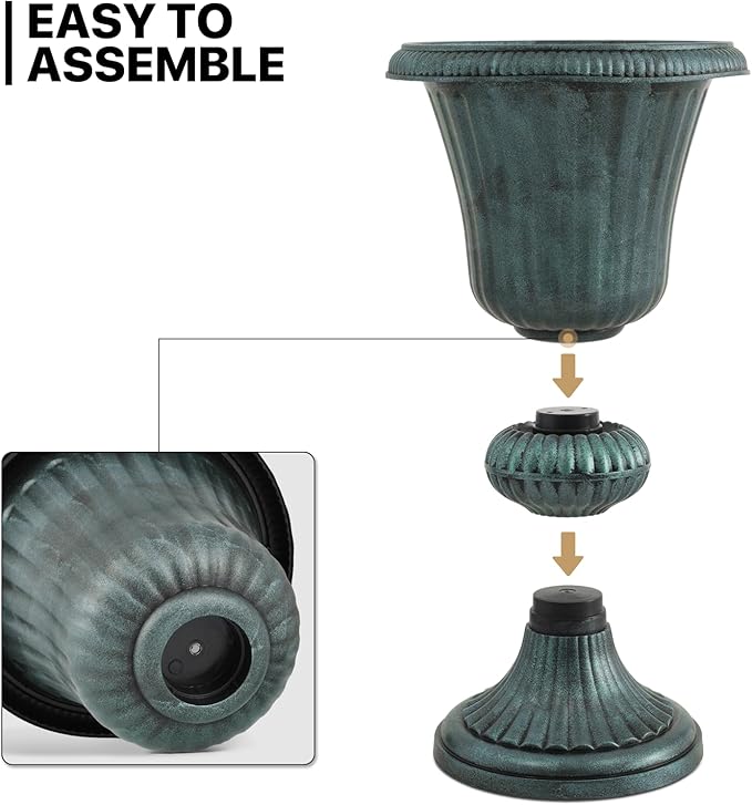 MoNiBloom 20'' Plastic Urn Planter Vase Set of 2, for Outdoor Indoor Plants Garden Patio Vintage Decorative Wedding Pedestal Roman Flower Pot Decoration Retro Home Front Porch Door Decor (Dark Green)