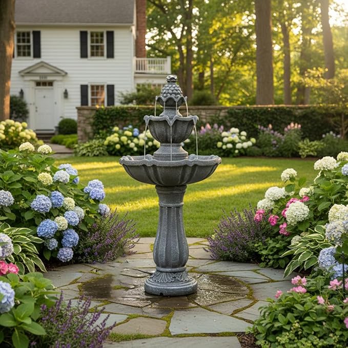 XBrand 36.2" Solar Powered 2-Tier Outdoor Water Fountain, Resin Fountain with Solar Panel Pump, Gray