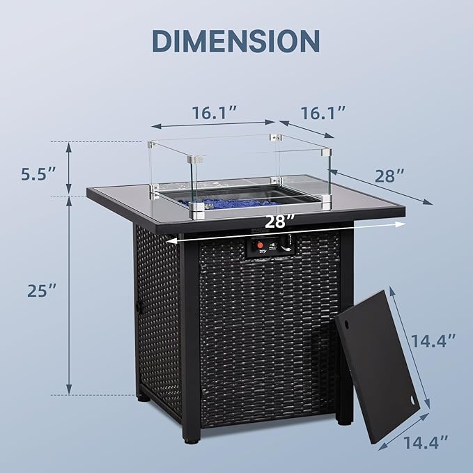 FHFO 5 Piece Outdoor Patio Furniture Set with 28”Gas Fire Pit Table & Ice Bucket Storage Box, Outdoor Wicker Rattan Patio Conversation Set for Outside, Poolside, Balcony, Porch, Grey-Grey