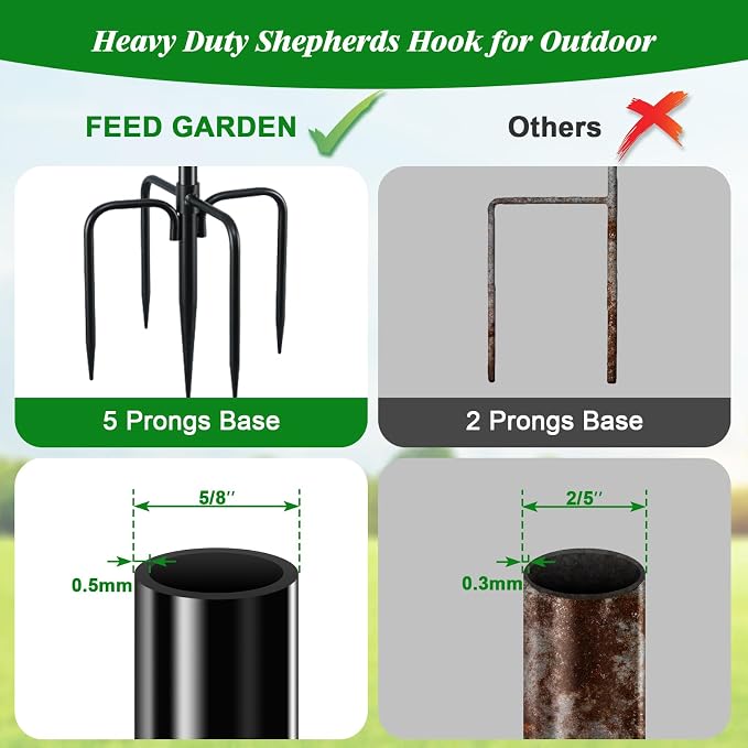 FEED GARDEN Adjustable Outdoor Shepherd Hook Bird Feeder Pole with 5 Prongs Base, 60 Inch Tall 5/8 Inch Thick, Heavy Duty Shepard Hook Stand for Hanging Bird Feeders, Plant Baskets, Black (1 Pack) - Image 5