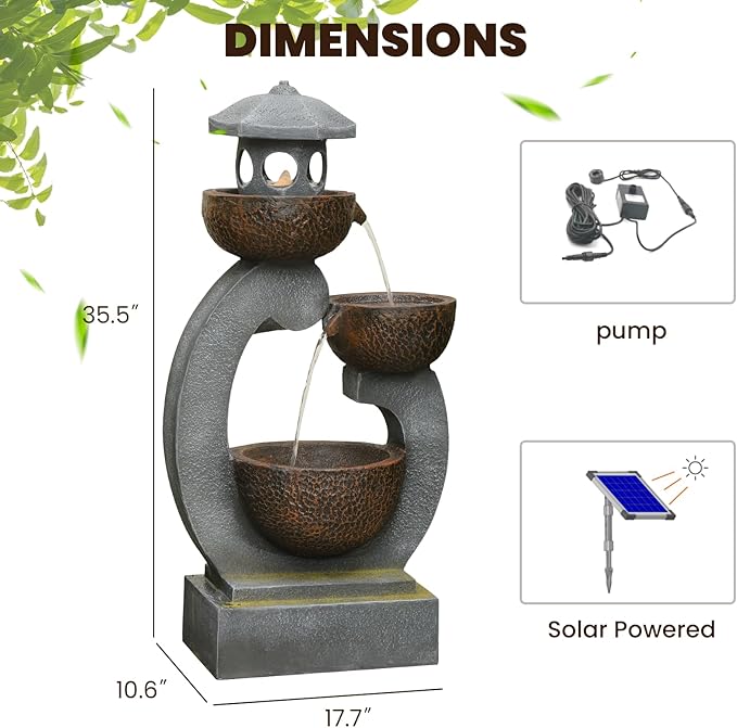 36 inches Water Fountain Outdoor Solar Powered Zen Pagoda Garden Japaness Modern Tranquil Waterfalls Fountains Landscaping Cascading Bowls on Patio Yard Porch Deck Balconies Lawns, Gray