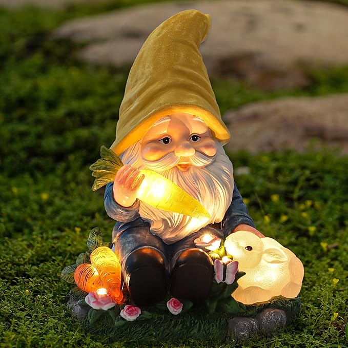 Solar Garden Outdoor Statues Gnome Feeding Rabbit with 6 LED Lawn Decor Outside Decorations for Patio, Balcony, Yard Ornament Unique Garden Gift
