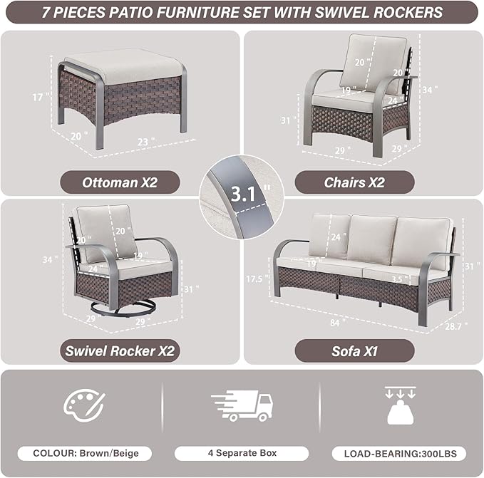 Belord Patio Conversation Sets - 7 Piece Outdoor Patio Furniture Sets with Swivel Rocker Outdoor Chairs, Wicker Couch, Rattan Ottoman for Lawn Backyard Porch Garden, Brown