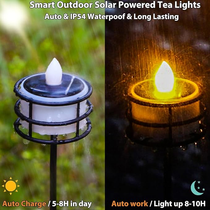 Solar Tea Lights Outdoor Waterproof, 8pcs Rechargeable Dusk to Dawn Little Solar Votive Candles, Flameless Flickering Small Light for Lantern Window DIY Chandelier Patio Deck Garden Decor (Warm Amber)