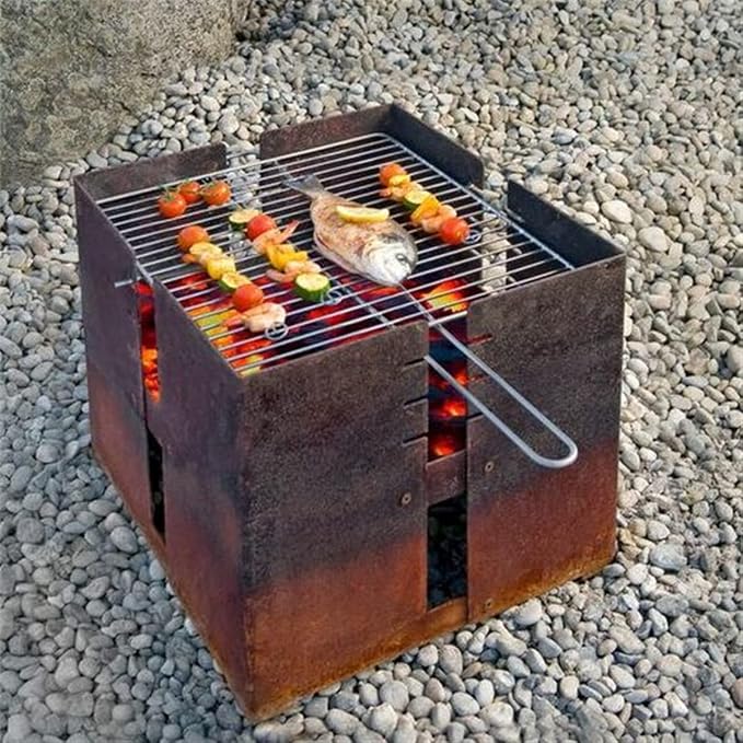 BBQ Grill Corten Steel Square Fire Pit Wood Charcoal Burning Patio Backyard Garden Picnic Outdoor Barbecue Bonfire Fireplace 17.7 inch Side Length - Image 5