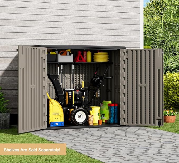 KINYING Outdoor Horizontal Storage Sheds,Outdoor Storage Cabinet Waterproof Resin Tool Storage Box for Lawn Mower,Garden Tools and Patio Furniture, Lockable (Brown) - Image 5