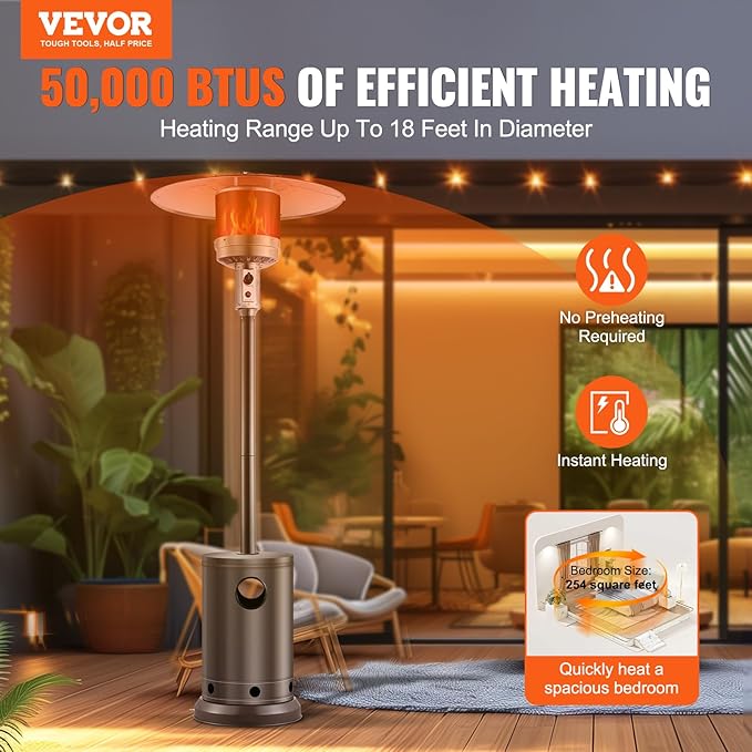 VEVOR 50000BTU Propane Patio Heater for Outdoor Use, Tall Hammered With Round Table Design, Metal Burner and Wheels, Fixed Flame Heater for Party, Backyard, Garden, Bronze