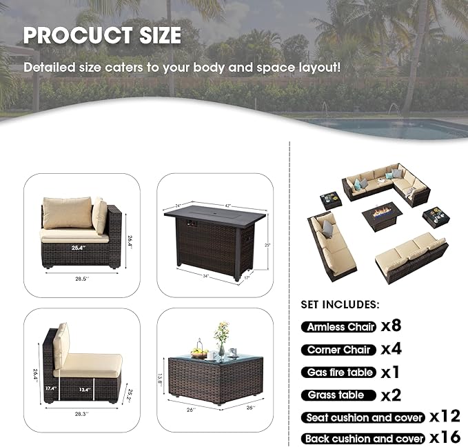 Grezone 15 Piece Patio Furniture Set with 44" Fire Pit Table, Outdoor Sectional Couch, PE Rattan Patio Conversation Sets with 4inch Cushions for Backyard Beige