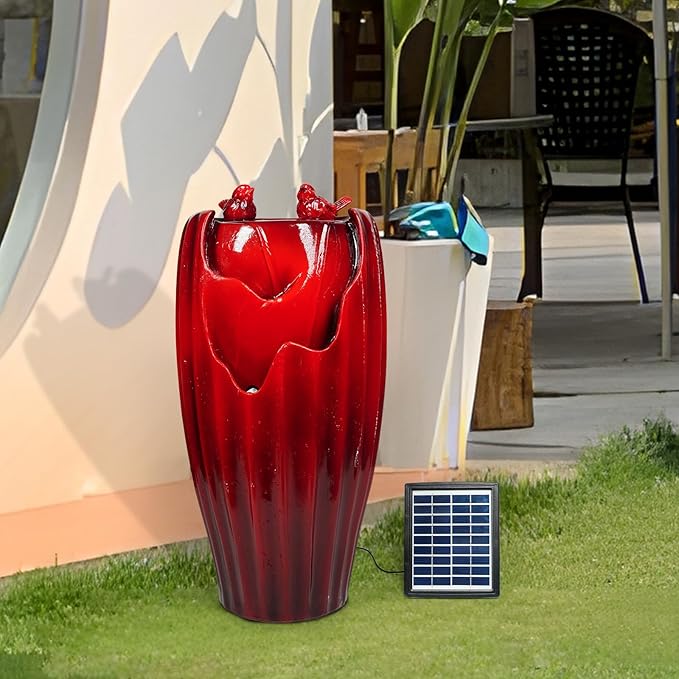 Ferrisland Solar Powered Water Fountain with LED Lights, 20" H Resin Red Vase Outdoor Freestanding Fountain with Pump, Bird Water Fountain & Water Falls for Outside Garden & Backyard Decking Décor