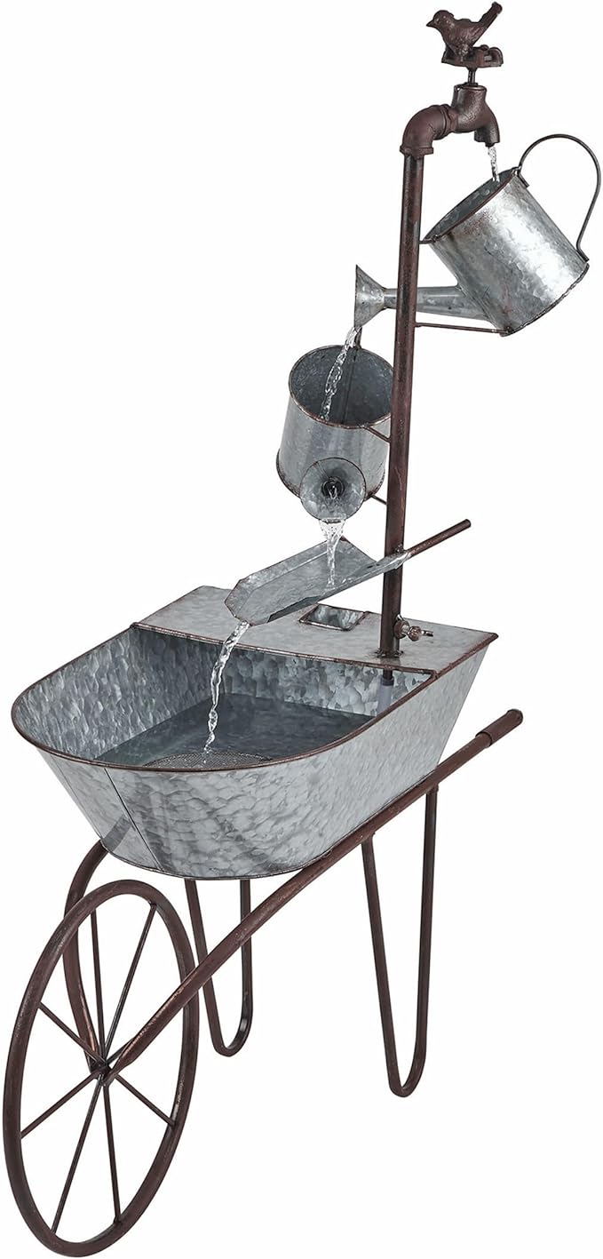 Alpine Corporation MCC574 Outdoor Floor Galvanized Shovel Pitcher Bucket Fountain, 41" Vintage Garden Water Feature, Patio & Backyard Décor, Gray