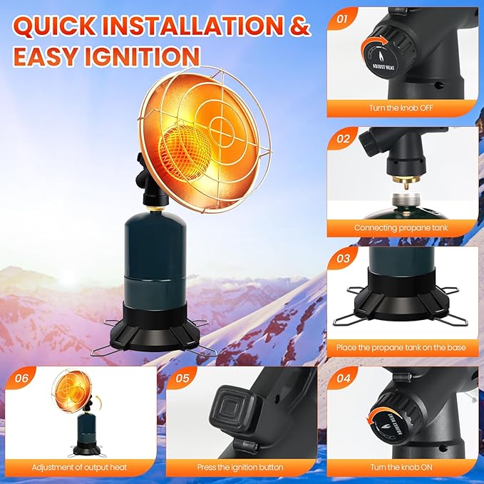 Portable Propane Heater Camping 6500 BTU Small Propane Heater with Electric Igniter, Control Valve, Folding Out Legs Base, Golf Cart, Ice Fishing, Hunting, Tent Heaters Cordless(Fuel Not Included)