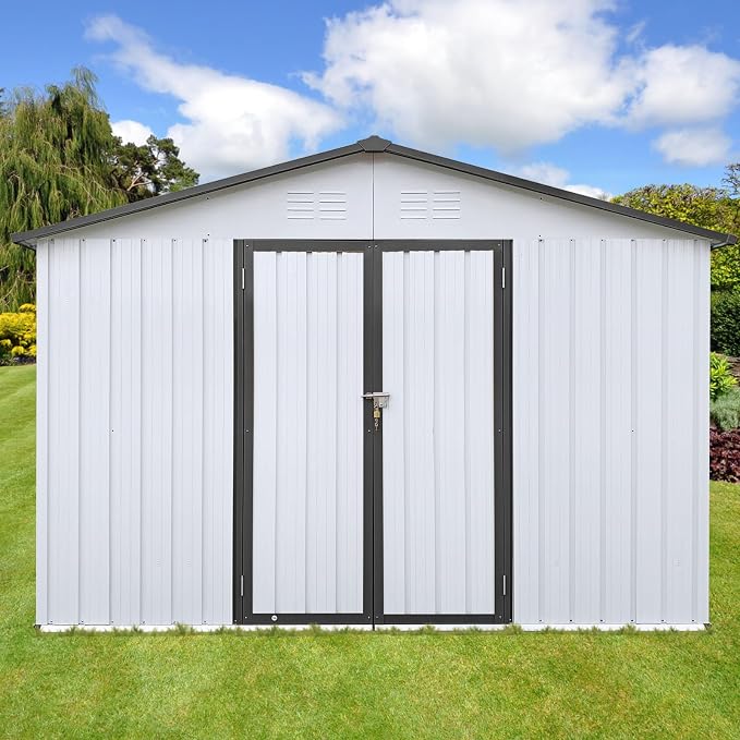 Ball & Cast 10x12 FT Sheds & Outdoor Storage,Metal Aluminum Garden Shed,with Punched Vents,Waterproof Cabinet w/Hinged Door and Padlock,Tool House for Storing Bicycles,Lawnmowers,Barbeques,White+Grey - Image 10