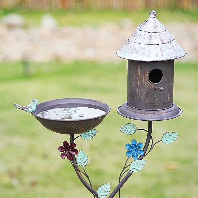 56.7” H Bird Baths for Outdoors, Metal Bird Bath Bird House and Planter Pot 3-in-1 Design, Birdbath and Bird Houses with Pole Stand for Outside Garden Yard Decor