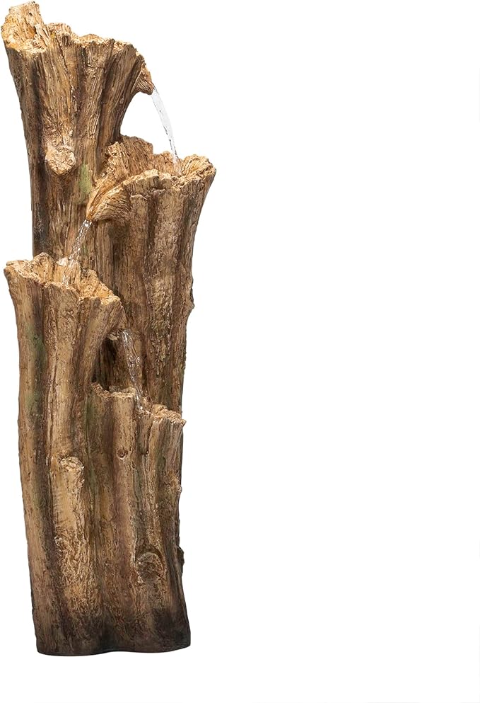Alpine Corporation TZL268 47" Outdoor 3-Tier Tree Bark Water Fountain with LED Lights for Gardens, Patios, and Yards, Brown