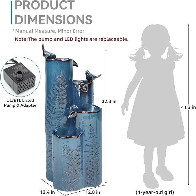 32" H Ceramic Outdoor Water Fountain, 4-Tier Tropical Cascading Waterfall with LED, Turquoise Glaze & Embossed Fern Pattern, Bird-Attracting Water Feature for Garden Patio Yard & Porch Decor