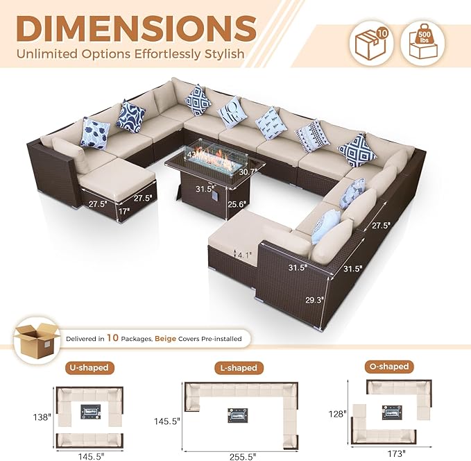 BULEXYARD 15 Piece Highback Wicker Patio Furniture Sets with Firepit, All-Weather Heavy Duty Outdoor Conversation Set Modular, Extra Deep Wide 14-Seats Sectional Couch Sofa for Backyard, Brown & Beige