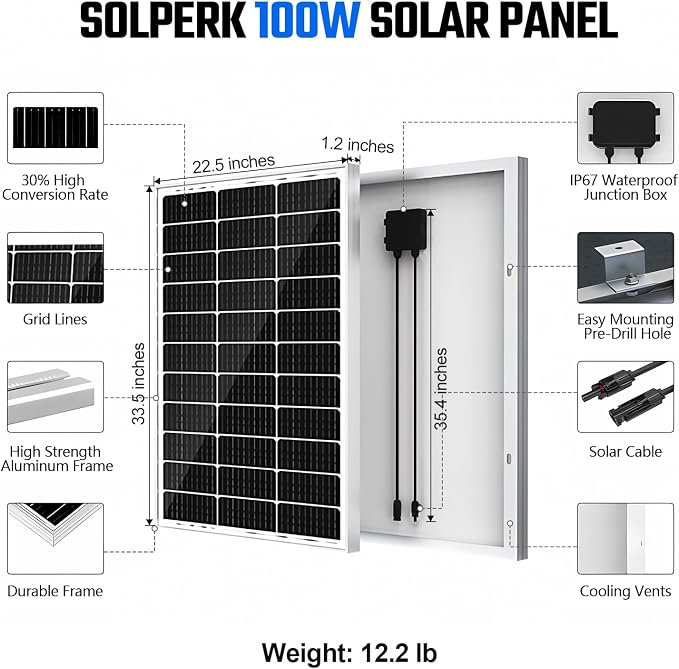 SOLPERK 100 Watt Solar Panel 12 Volt, 100W Solar Panel High-Efficiency Monocrystalline Solar Panels for Home, RV, Camping, Marine, Rooftop, Off-Grid Applications - Image 5