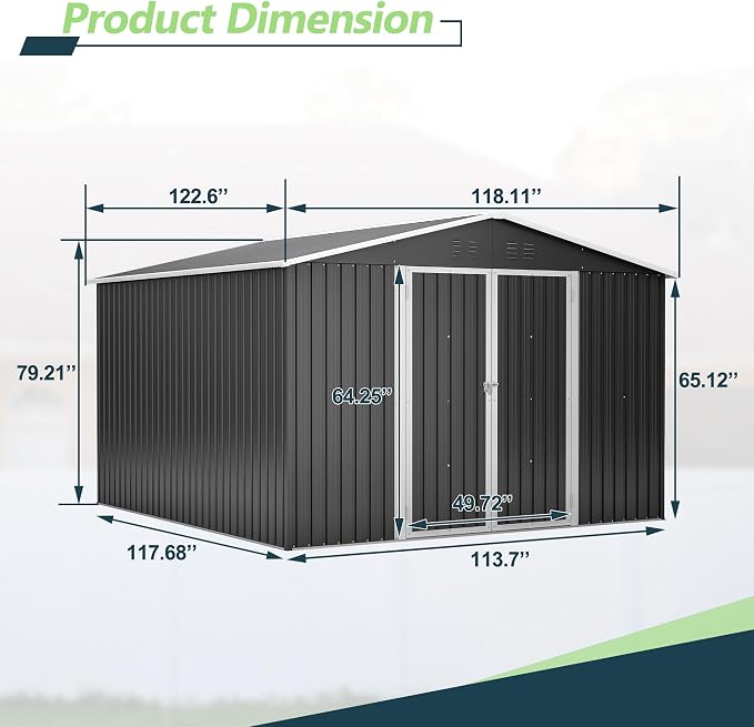 YOPTO 10 x 10 FT Outdoor Storage Shed,Heavy Duty Tool Sheds Metal Storage Garden Shed with Sloped Roof and Lockable Doors,Large Metal Storage Sheds for Backyard Patio Lawn, Black - Image 3