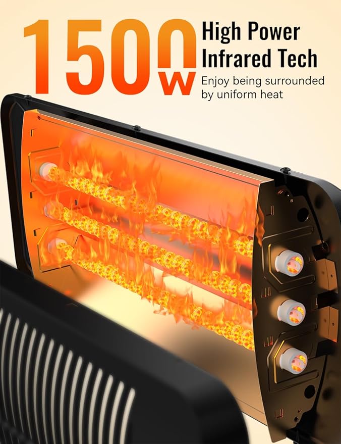 Outdoor Heaters for Patio, 12H Timer&3 Heat Level, IP54 Waterproof Electric Heater,1500W Infrared for 1S Heating, Tip-Over Protection, Towel Bracket, Remote, 83" Patio Heaters for Outdoor Use