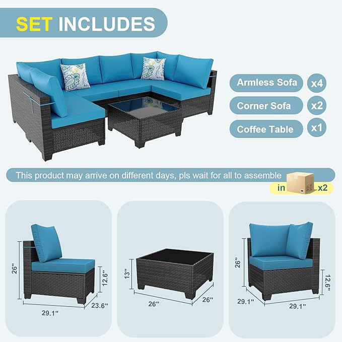 7 Pieces Patio Furniture Set, Outdoor Sectional Rattan Sofa Set, Wicker Patio Conversation Set with Cushions and Glass Coffee Table, for Balcony, Porch, Garden, (Brown/Peacock Blue)