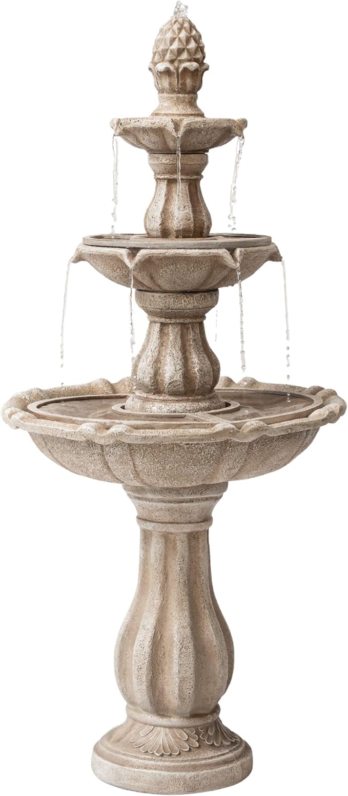 XBrand 51" 3-Tier Outdoor Freestanding Waterfall Fountain with Pump and Pineapple Finial, Beige