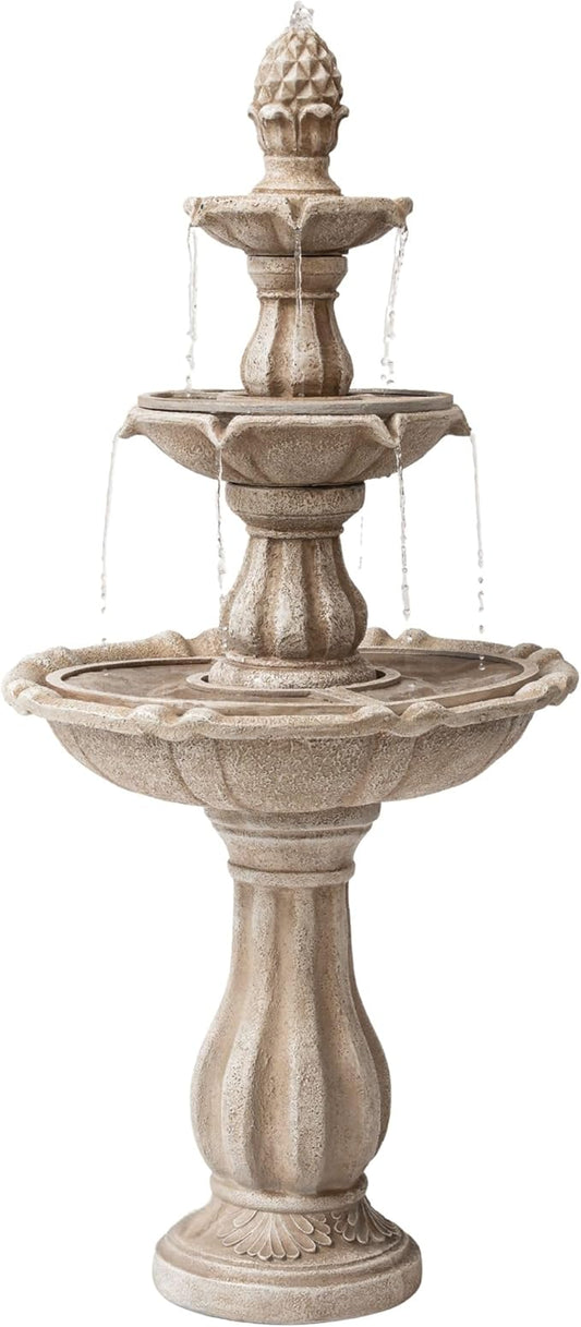 XBrand 51" 3-Tier Outdoor Freestanding Waterfall Fountain with Pump and Pineapple Finial, Beige