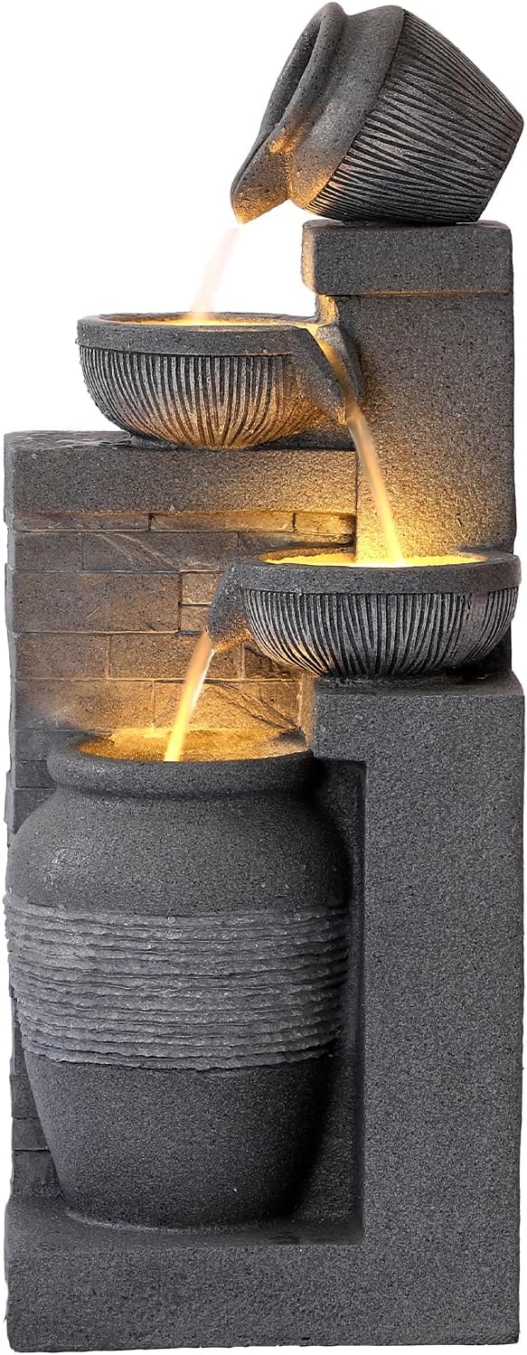 Grepatio Outdoor 4-Tiers Water Fountain, Garden Cascading Waterfalls Fountain with LED Lights, 32" H Modern Indoor/Outdoor Bowl Waterfall Feature Water Fountains for Garden, Patio, Yard Decor (Grey)