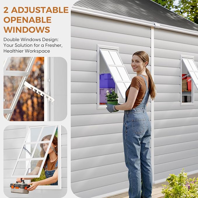 CDCASA Resin Storage Shed 8x12 FT, Waterproof Outdoor Sheds Heavy Duty Aluminum Frame Outside Plastic Tool Shed with Adjustable Openable Windows, Lockable Door for Backyard, Garden, Lawn, Dove Grey - Image 3
