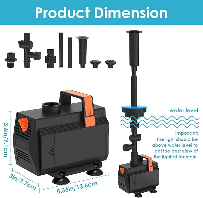 AquaMiracle 600GPH Submersible Pond Fountain Pump with LED Lights, Outdoor Water Fountain Pump for Small Ponds, Gardens, Water Feature, Bird Baths (200-600 Gal)