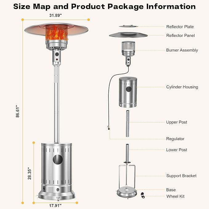 50,000 BTU Stainless Steel Patio Heater - Propane Patio Heater with Double-Layer Stainless Steel Burner, Space Heater, Outdoor Heaters with Wheels Used for Garden, Patio and Residential