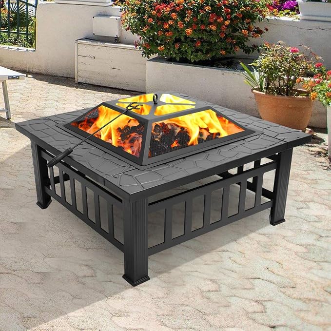 32in Outdoor Metal Firepit Square Table Backyard Patio Garden Stove Wood Burning Fire Pit with Spark Screen, Log Poker and Cover - Image 8