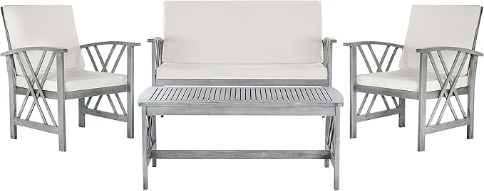SAFAVIEH Outdoor Collection Fontana Grey Wash/ Beige 4-Piece Conversation Patio Set with Cushions