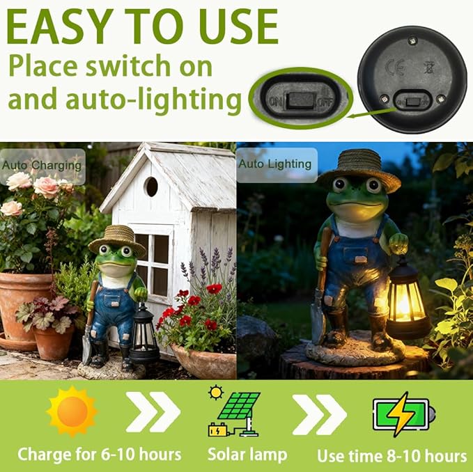 11'' Solar Frog Garden Decor Outdoor Statue with Lantern Gift Idea Light Decorations for Yard Garden Patio Mom Gift
