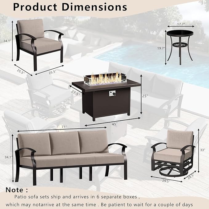 Patio Furniture Set 10 Seats Aluminum Armrest Sofa, Modern Outdoor Living Room Set with 55000 BTU Propane Aluminum Fireplace, Outdoor Rotary Joystick with Thick Cushion