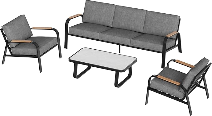 East Oak 5 Seats Patio Furniture Set, Waterproof Outdoor Patio Furniture with Thick Cushion, 4-Piece Outside Conversation Set with Coffee Table for Garden and Yard, Misty Grey