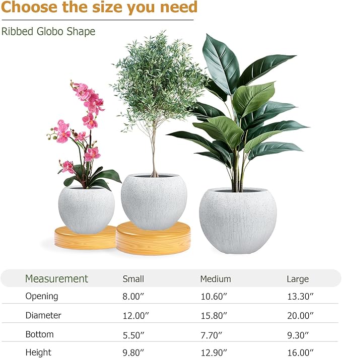 12.8"H x 16"D Premium Ribbed Globo Fiberstone Round Planter with Drainage Hole, Weather Resistant for Indoor and Outdoor Use, Included 2 Extra Coco Mats (Speckled White, 10.7" Pot Opening)