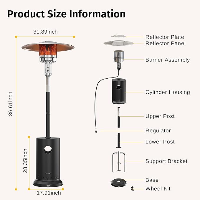 EAST OAK 55,000 BTU Propane Patio Heater with Round Table & Stainless Steel Burner, Outdoor Heater with Wheels, Ideal For Large Patios, Gardens, Outdoor Events, Commercial Use, Black