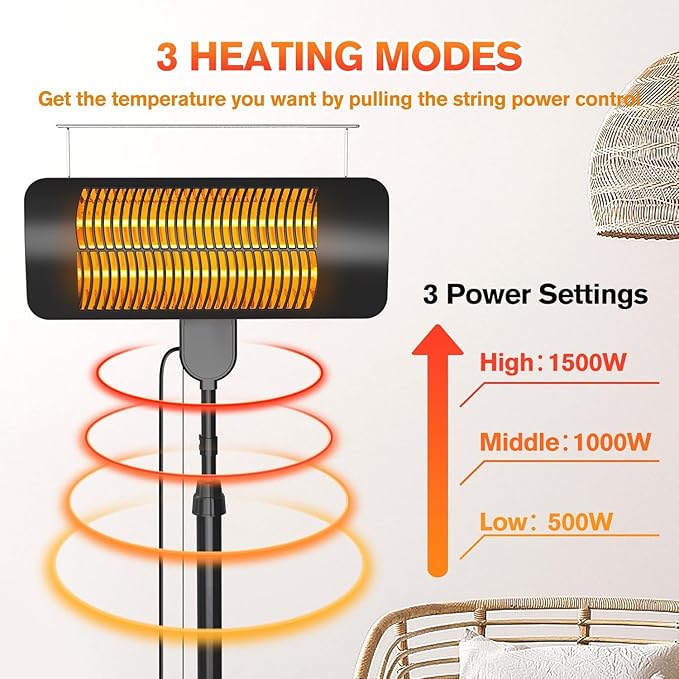 Outdoor Heaters for Patio, 1500W, 3 Heat Modes & 12H Timer, IP54 Waterproof Electric Heater with Adjustable Height, Tip-Over Protection, 78" Portable Infrared Heater for Indoor Outdoor use, Matte