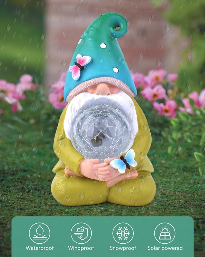 FREECUBE Solar Garden Gnomes Outdoor Statues Garden Decor for Outside Garden Gnome Statue Solar Garden Gnome Statue Waterproof Outdoor Patio Decor for Lawn Grden