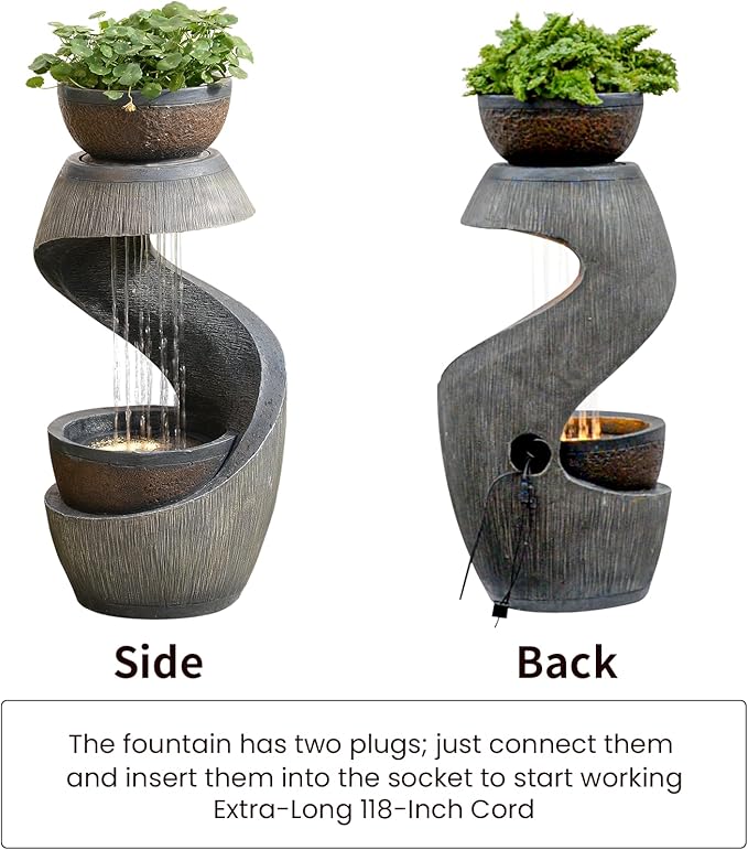 Outdoor Water Fountain with LED Lights, 31.9" Modern Resin Waterfall Fountain Outdoor, S-Shaped Garden Water Feature for Yard, Balcony, Home Decor, Patio Fountian and Waterfalls, Grey
