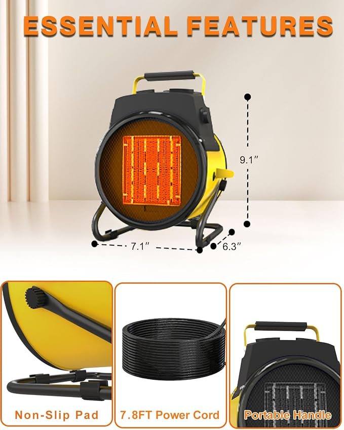 Buyplus Outdoor Heaters for Patio, 1500W Portable Garage Heater with Overheat Protection & 3S Fast Heating, Non-Slip Cushion, Electric Space Heater for Patio, Garage, Bedroom, Office, Yellow
