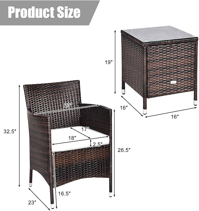 HAPPYGRILL 3 Piece Patio Furniture Set Outdoor Rattan Wicker Conversation Set with Coffee Table Chairs & Thick Cushions Bistro Sets for Patio Garden Lawn Backyard Pool