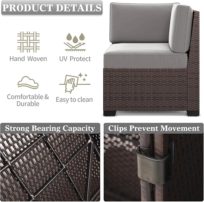 LayinSun 7 Pieces Outdoor Patio Furniture Set with 44" Fire Pit Table Brown Rattan Sectional Sofa Conversation Sets